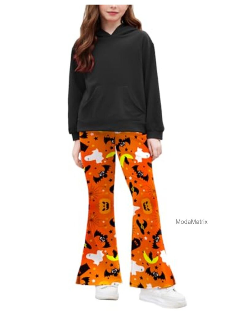 Girls 2 Piece Sweatsuit Set Hooded Kangaroo Pocket Sweatshirt Flare Pants